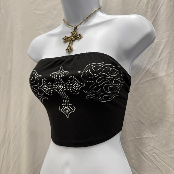 Y2K Style Cross Rhinestone Tube Top Strapless Goth Grunge Small - Picture 4 of 6